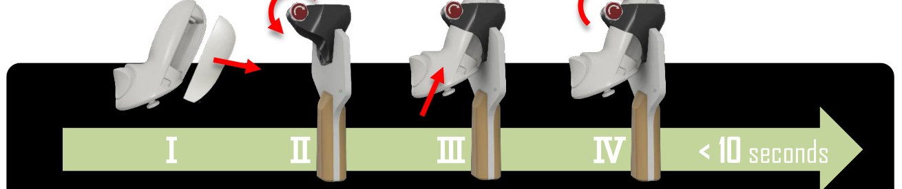 BWB hand-wheel lock sequence: unlock, insert, lock — secured in under 10 seconds