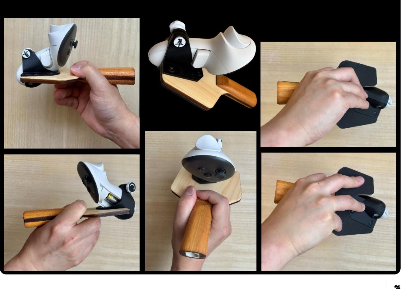 BWB Type-Wood penhold adapter — six real-world close-ups in shake-hand and penhold positions