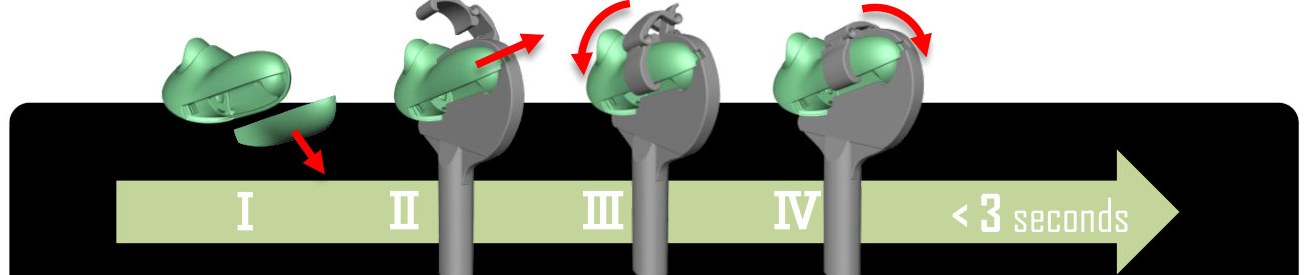 HAYABUSA quick-lock sequence: hook, insert, pull-down lever — locked in under 3 seconds