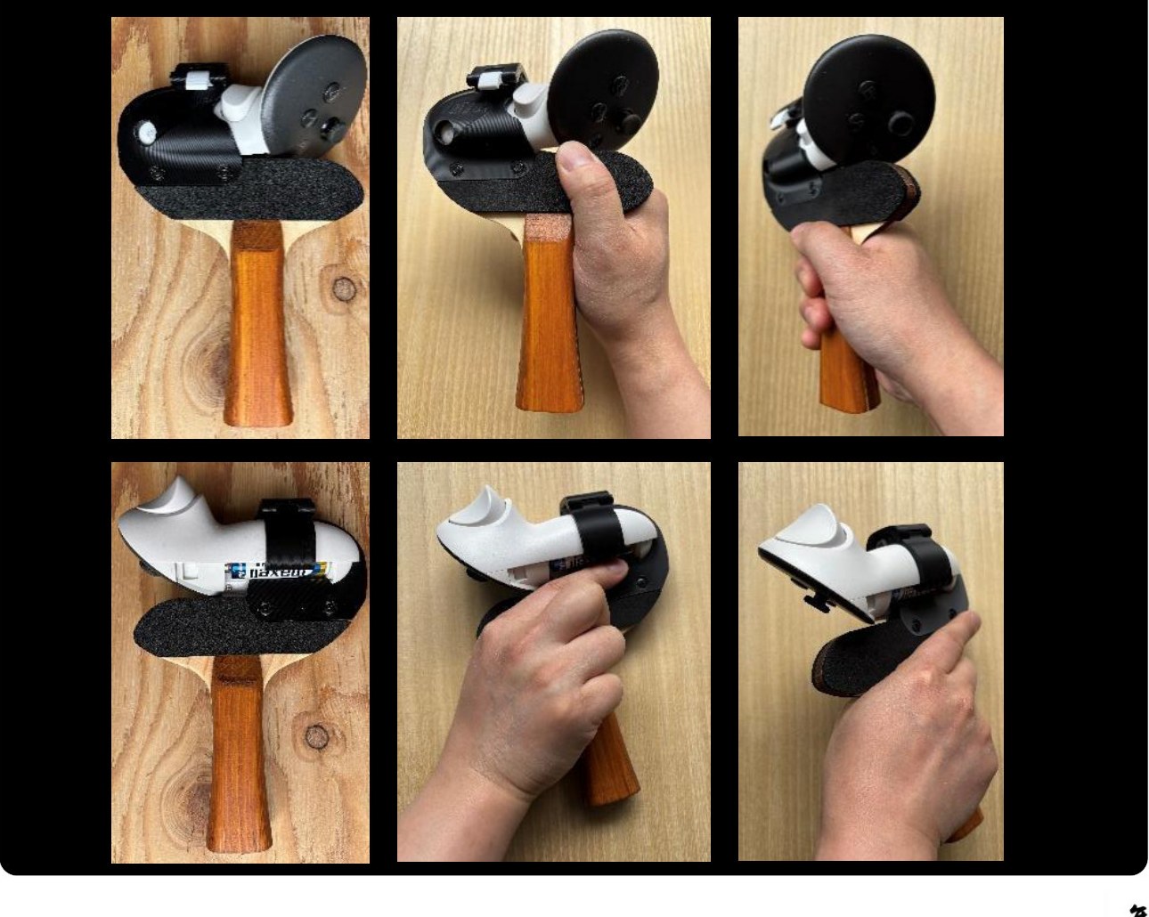 HAYABUSA Type-wood adapter — six real-world close-ups showing top-down and hand-held views
