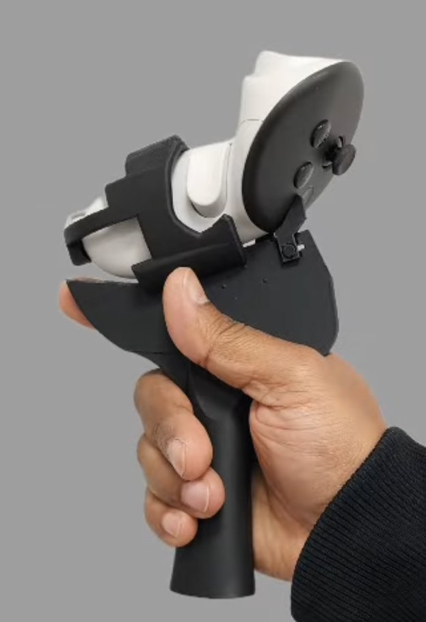 Hand gripping a black Ls4life adapter mounted on a Meta Quest controller