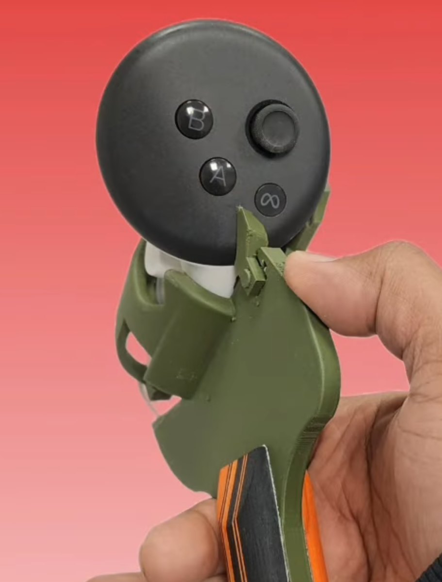 Close-up of a green Ls4life adapter locked onto a Quest controller