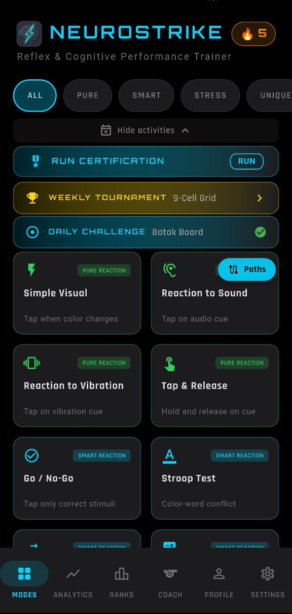 NeuroStrike home screen with 30 game modes
